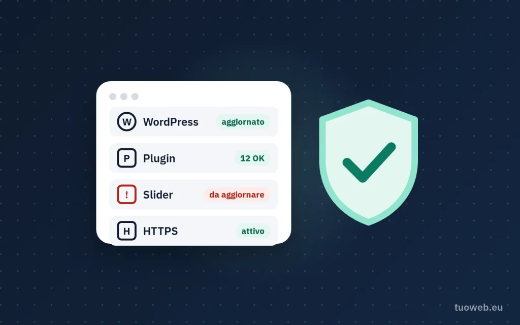 Illustrazione di un sito WordPress con l'elenco dei controlli di sicurezza e uno scudo con il segno di spunta